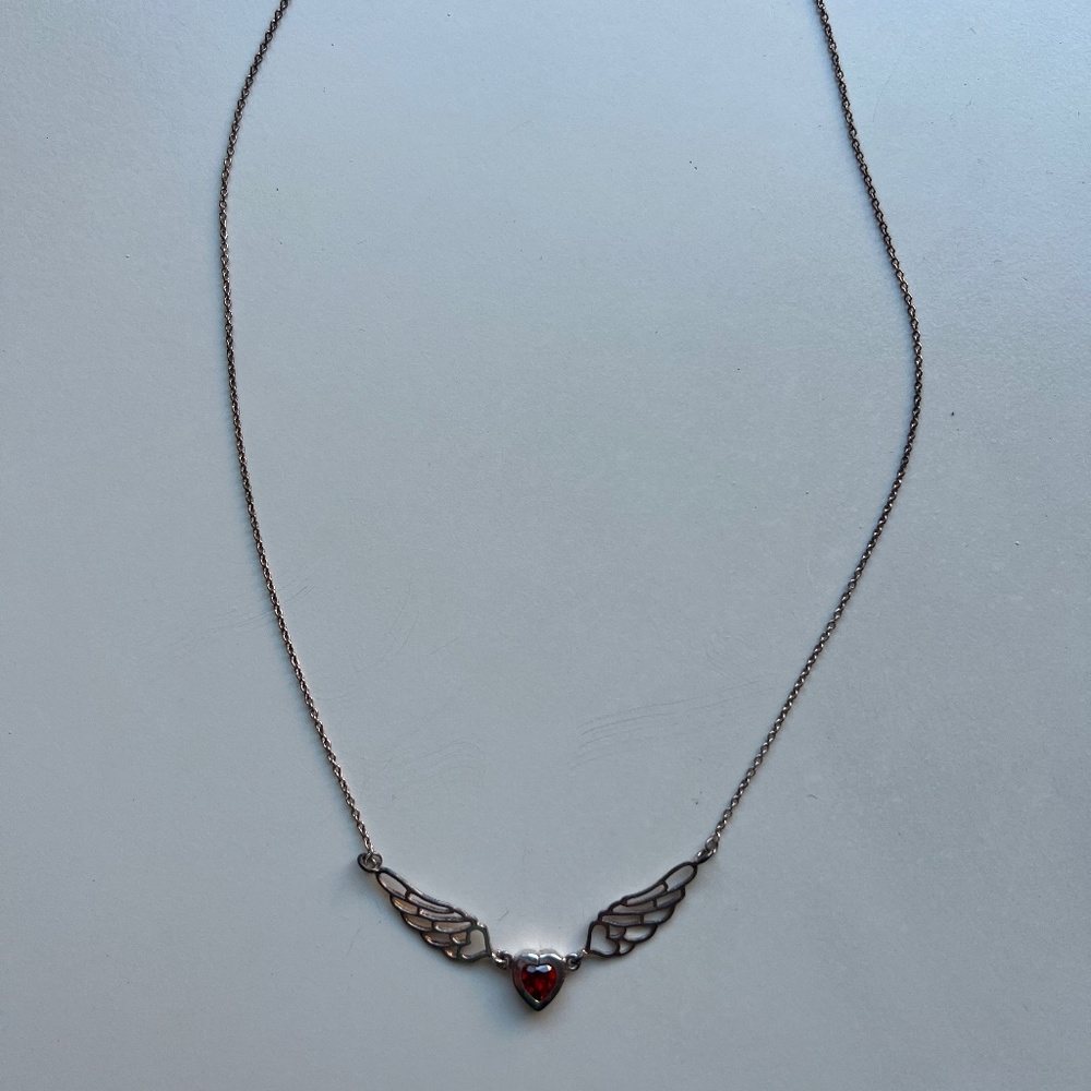 Metalsmith Sterling angel heart wings necklace with red gemstone